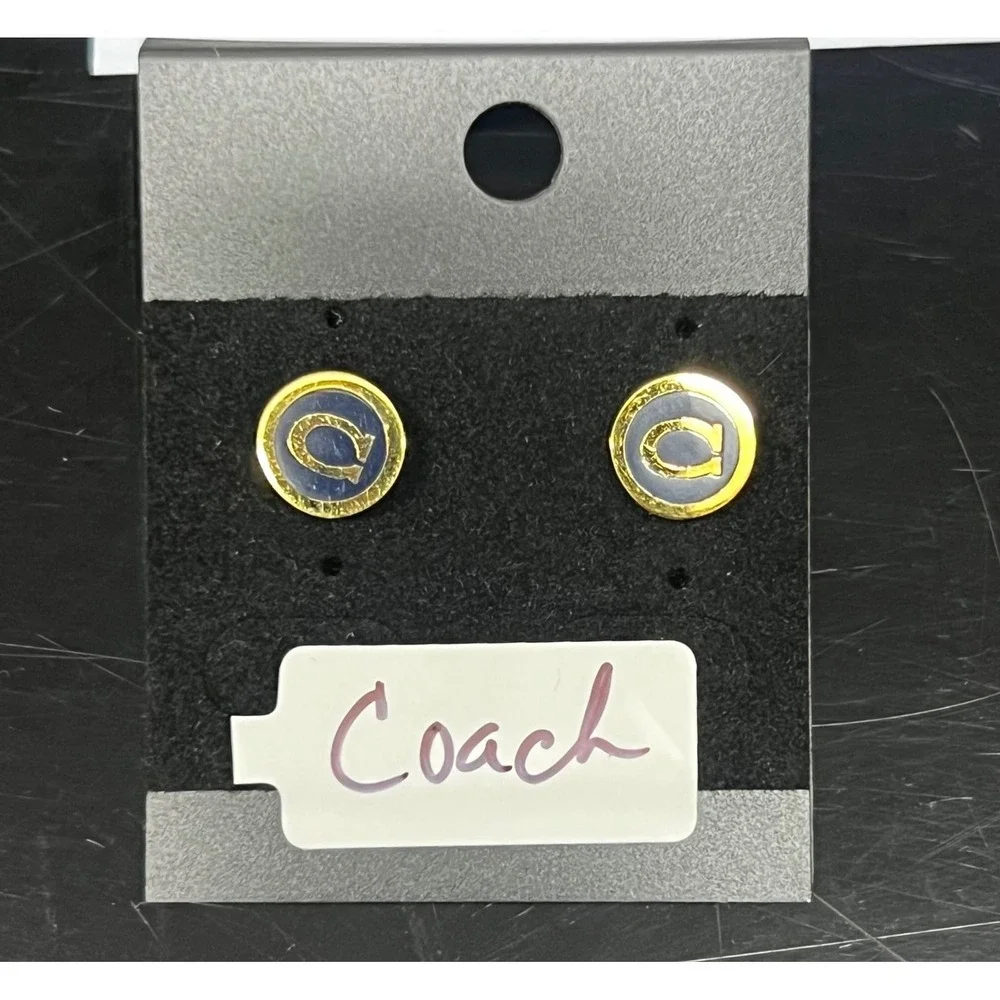 Coach Logo Stud Earrings Womens OS Blue Gold Excellent Circular Enamel - Picture 5 of 5